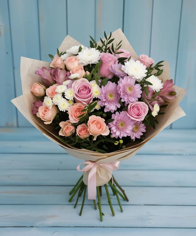 Букет цветов из: Хризантемы, Розы и Альстромерии в Верхнеяркеево