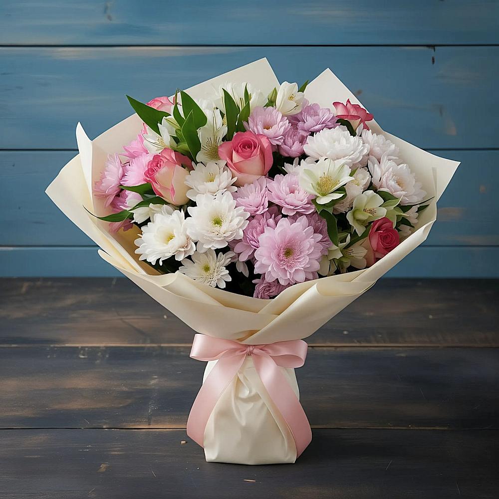 Букет цветов из: Хризантемы, Альстромерии и Розы в Верхнеяркеево